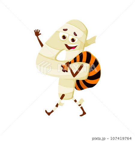 Halloween cartoon number 4 in mummy costume for holiday, vector digit character. Number four in Halloween costume of mummy with trick or treat sweets bag with happy smile face for kids mathematics 107419764