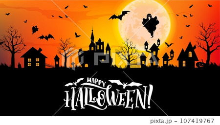 Halloween town silhouette. Vector banner with - Stock