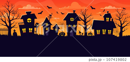 Halloween town silhouette of night city street landscape. Vector houses with trick or treat holiday pumpkins, spooky bats and cemetery tombstone, creepy trees, cat, spider web on sunset sky background 107419802