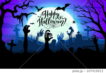 Halloween midnight cemetery with zombie hands. Vector banner with night graveyard and sticking arms on full moon background with tombs, scary bats, spiders and trees. Cartoon spooky greeting card 107419811