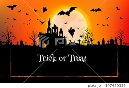 Halloween castle silhouette with ghosts, bats and cemetery landscape, vector trick or treat holiday. Halloween horror night pumpkins, creepy tombstone crosses and trees on full moon sky background 107420351