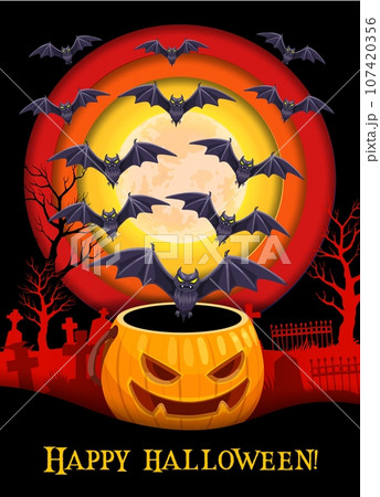 Halloween paper cut banner with cemetery, pumpkin and flock of bats, holiday cartoon vector. Happy Halloween greeting with scary pumpkin, tombstone on cemetery and moon in haunted forest in paper cut 107420356