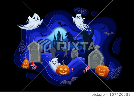 Halloween paper cut ghosts, pumpkins and gravestones on midnight cemetery with full moon. Horror castle and tombstones vector silhouettes in 3d layered frame with cartoon trick or treat pumpkins, bats Halloween paper cut ghosts, pumpkins and gravestones on midnight cemetery with full moon. Horror castle and tombstones vector silhouettes in 3d layered frame with cartoon trick or treat pumpkins, bats 107420385