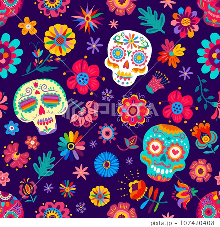 Seamless pattern, Mexican sugar calavera skull and tropical flowers, vector background. Dia de Los Muertos or Day of Dead Mexican holiday pattern with calavera skull painted in ethnic floral ornament 107420408