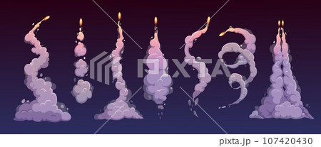 Cartoon rocket smoke trail clouds in sky or spaceship launch vector effects. Rocket or spaceship launch star fire and smoke trails, missile warhead blast or spacecraft fly tails with smoke clouds 107420430