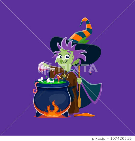 Halloween witch with cauldron, horror night holiday vector cartoon character for trick or treat. Halloween celebration funny old witch with broom making magic potion of bone and zombie eye in cauldron Halloween witch with cauldron, horror night holiday vector cartoon character for trick or treat. Halloween celebration funny old witch with broom making magic potion of bone and zombie eye in cauldron 107420519