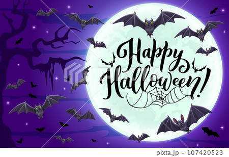Halloween cloud of flying bats, horror night holiday vector background with midnight moon. Happy Halloween greeting card with creepy vampire bats and spiderweb or cobweb background 107420523