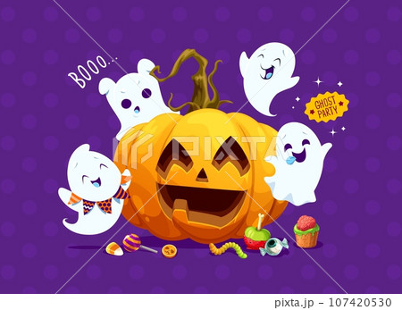 Halloween funny kawaii ghosts and holiday pumpkin with horror night spooky sweets, cartoon vector. Halloween trick or treat holiday party poster with scary pumpkin and funny boo ghosts and candy skull 107420530