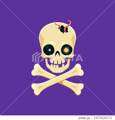 Halloween skull, horror night holiday cartoon icon and trick or treat party celebration vector symbol. Halloween holiday horror night dead zombie skeleton skull with crossbones and blood in crack hole Halloween skull, horror night holiday cartoon icon and trick or treat party celebration vector symbol. Halloween holiday horror night dead zombie skeleton skull with crossbones and blood in crack hole 107420572