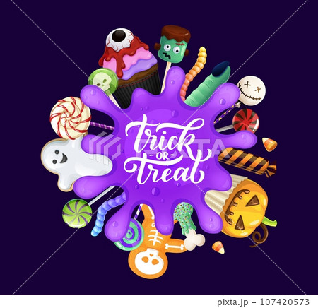 Halloween banner with sweets and purple slime blob. Cartoon vector delectable spread of festive desserts around of whimsical violet spot oozing through, creating a spooky and appetizing visual delight Halloween banner with sweets and purple slime blob. Cartoon vector delectable spread of festive desserts around of whimsical violet spot oozing through, creating a spooky and appetizing visual delight 107420573