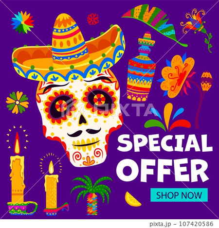 Day of the Dead Dia De Los Muertos special offer banner of mexican holiday sale season. Vector sugar skull in sombrero, ofrenda altar candles and tequila with bright color tropical flowers pattern 107420586