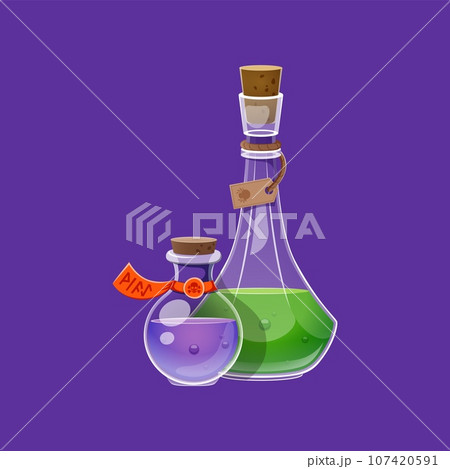 Halloween magic potion bottle or witch poison elixir in glass flasks, cartoon vector. Halloween holiday, alchemy or witchcraft bottle jars with liquid spell drink or green magic potion with corks Halloween magic potion bottle or witch poison elixir in glass flasks, cartoon vector. Halloween holiday, alchemy or witchcraft bottle jars with liquid spell drink or green magic potion with corks 107420591