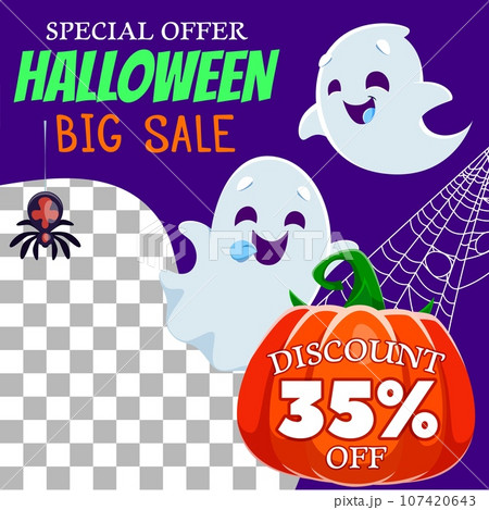 Halloween holiday sale banner with kawaii ghosts, spider and cobweb. Vector card featuring a friendly spooks hovering beside a ripe gourd, casting an enchanting spell on spooky discounts and deals Halloween holiday sale banner with kawaii ghosts, spider and cobweb. Vector card featuring a friendly spooks hovering beside a ripe gourd, casting an enchanting spell on spooky discounts and deals 107420643