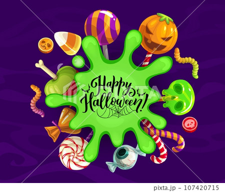 Halloween banner with holiday sweets and green slime blob. Vector spooky delectable array of sweets like candy corn and lollipops, surrounded by a toxic gooey splash for a delightfully eerie touch 107420715