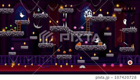 Arcade Medieval Halloween castle, game level map interface with vector stone platforms and golden coins on stairs. Ghosts, sweets and pumpkins in castle background with Halloween monsters and bonuses Arcade Medieval Halloween castle, game level map interface with vector stone platforms and golden coins on stairs. Ghosts, sweets and pumpkins in castle background with Halloween monsters and bonuses 107420728