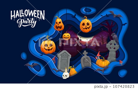Halloween paper cut cemetery landscape with horror pumpkins and gravestones, flying bats and full moon. Vector 3d frame with wavy papercut layers and trick or treat night tombstones, trees and skull 107420823