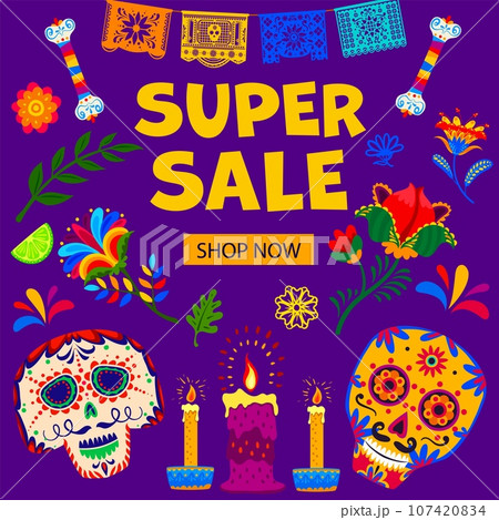 Day of the Dead sale banner, Dia De Los Muertos mexican holiday special offer vector card with skulls and flowers. Cartoon calavera sugar skulls, candles and papel picado flags with flowers and bones 107420834