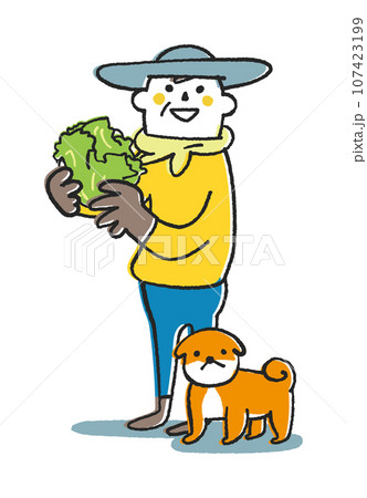 秋冬撒き野菜　レタスを手に持った農家さんまたは家庭菜園をする人　イラスト素材 107423199