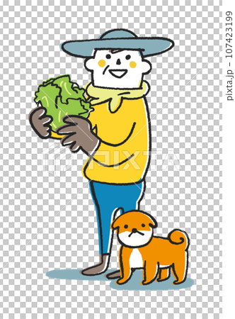 秋冬撒き野菜　レタスを手に持った農家さんまたは家庭菜園をする人　イラスト素材 107423199