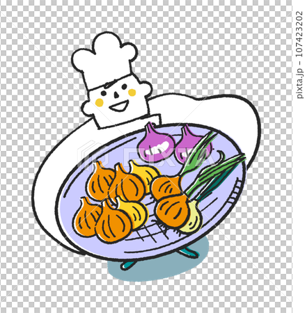 秋冬播種蔬菜-廚師或廚師將大量洋蔥放入大濾鍋中的插圖素材 107423202