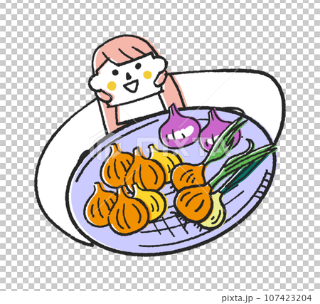 秋冬撒き野菜　大きなざるに沢山の玉ねぎを載せた女性または主婦　イラスト素材 107423204
