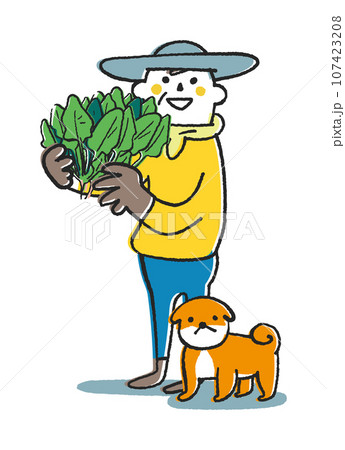 秋冬撒き野菜　ほうれん草を手に抱えた農家さんまたは家庭菜園をする人　イラスト素材 107423208