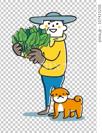 秋冬撒き野菜　ほうれん草を手に抱えた農家さんまたは家庭菜園をする人　イラスト素材 107423208