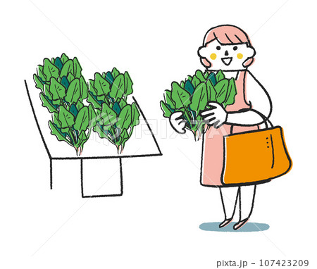 秋冬撒き野菜　ほうれん草を手に抱えた女性または主婦　イラスト素材 107423209
