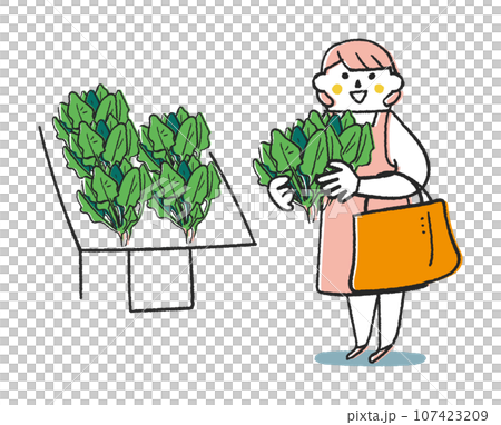 Autumn/winter sowing vegetables - woman or housewife holding spinach in her hands Illustration material Autumn/winter sowing vegetables - woman or housewife holding spinach in her hands Illustration material 107423209