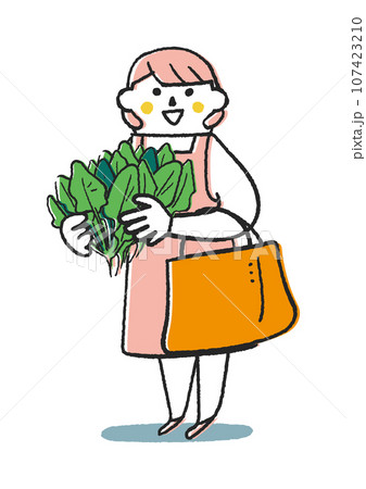 秋冬撒き野菜　ほうれん草を手に抱えた女性または主婦　イラスト素材 107423210