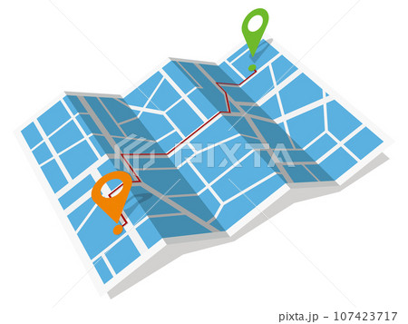 出発地と目的地のアクセスルートをマーカーが示す地図　斜め　ベクターイラストレーション 107423717