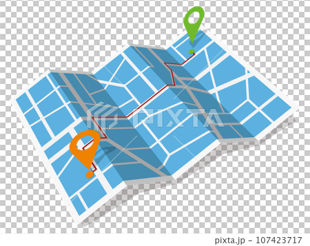 出発地と目的地のアクセスルートをマーカーが示す地図　斜め　ベクターイラストレーション 107423717