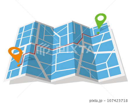 出発地と目的地のアクセスルートをマーカーが示す地図　正面　ベクターイラストレーション 107423718