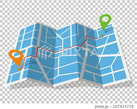 出発地と目的地のアクセスルートをマーカーが示す地図　正面　ベクターイラストレーション 107423718