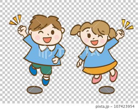 A boy and a girl jump and do a fist pump_Siblings of nursery school children A boy and a girl jump and do a fist pump_Siblings of nursery school children 107423954