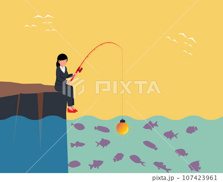 Ideas to attract money and investments. business woman sits fishing with a light bulb 107423961