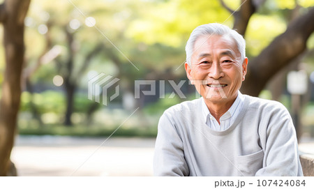 公園の中の笑顔のシニア男性「AI生成画像」 107424084
