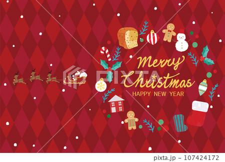 クリスマスカード横　サンタクロースと可愛い素材のリース 107424172