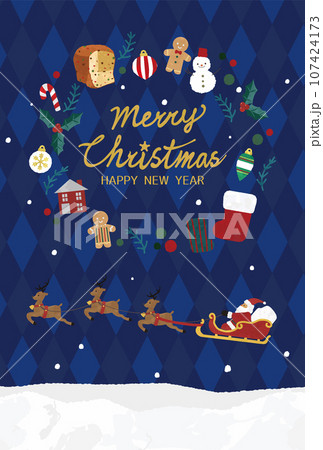 クリスマスカード縦　サンタクロースと可愛い素材のリース 107424173