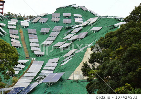 斜面に設置された太陽光パネル 107424533