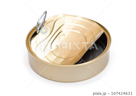 Opened Empty Tin Can With Broken Cover Isolated on White Background 107424631