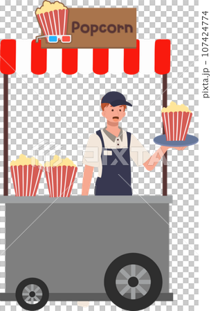 Street Food Vendor.Popcorn Kiosk.  Retro Popcorn Cart with Seller 107424774