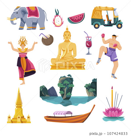 Thailand culture and tourism, landmarks and fruits 107424833