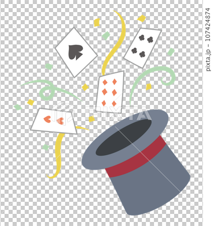 Illustration of playing cards popping out of a top hat 107424874