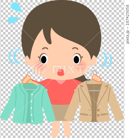 カーディガンとジャケットを見比べて悩む女性 107425058