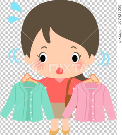 手に持った色違いの洋服を見比べている女性 107425059