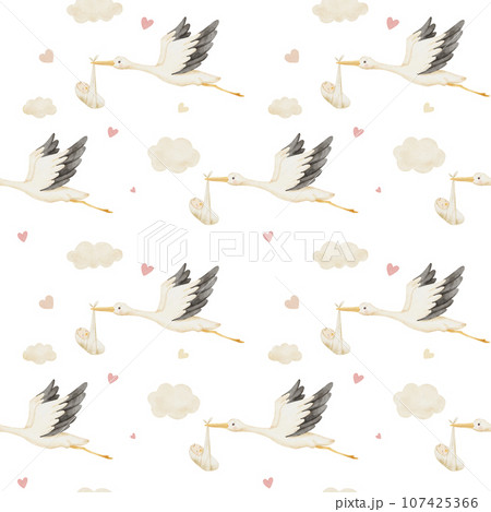Cute watercolor pattern for childish textiles or fabrics with flying stork holding newborn. 107425366