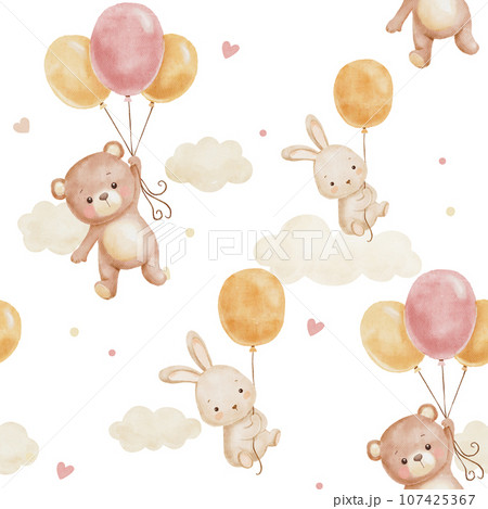 Cute watercolor pattern for childish textiles or fabrics with flying bear and bunny on balloon. Cute watercolor pattern for childish textiles or fabrics with flying bear and bunny on balloon. 107425367
