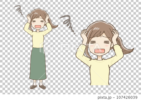 A woman in a long skirt holding her head and worrying A woman in a long skirt holding her head and worrying 107426039