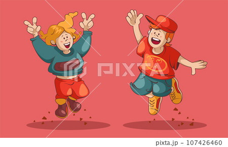 Happy girl and boy jump cartoon kid character 107426460